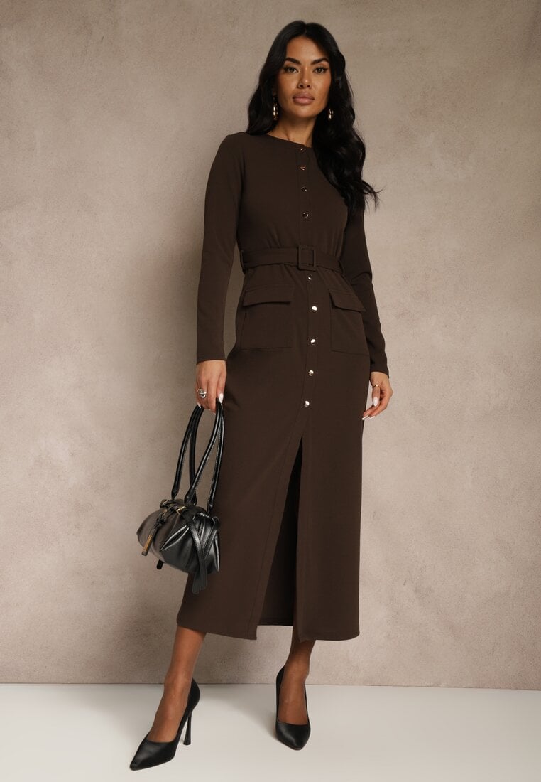 Brązowa Koszulowa Sukienka z Wiskozą Ozdobiona Paskiem i Guzikami Vetionna