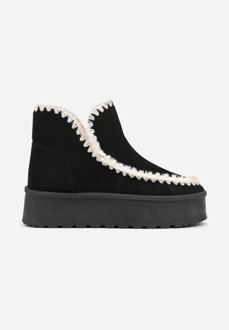 Czarne Śniegowce na Platformie Ozdobione Haftowanym Wzorem Naretusa