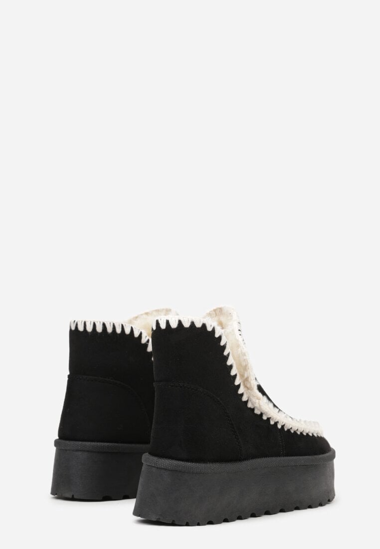 Czarne Śniegowce na Platformie Ozdobione Haftowanym Wzorem Naretusa