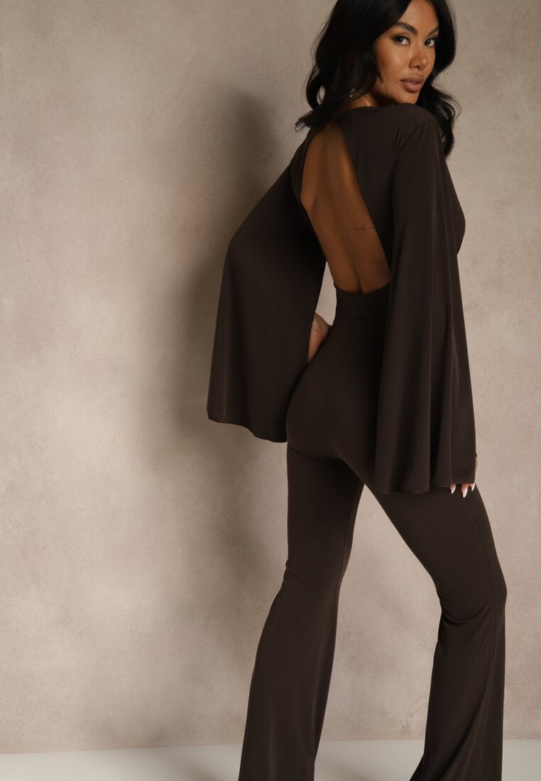 Brązowy Dopasowany Kombinezon z Rozkloszowanymi Rękawami i Głębokim Dekoltem Andrika
