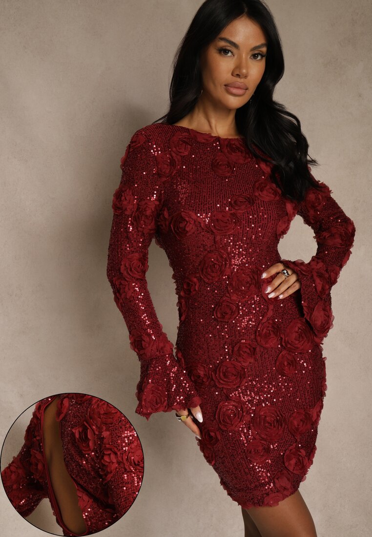 Bordowa Dopasowana Sukienka Ozdobiona Cekinami i Kwiatami 3D Raweda