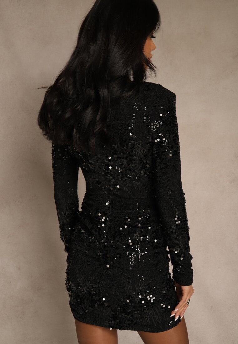 Czarna Cekinowa Sukienka Longsleeve o Dopasowanym Kroju z Dekoltem V Loweda