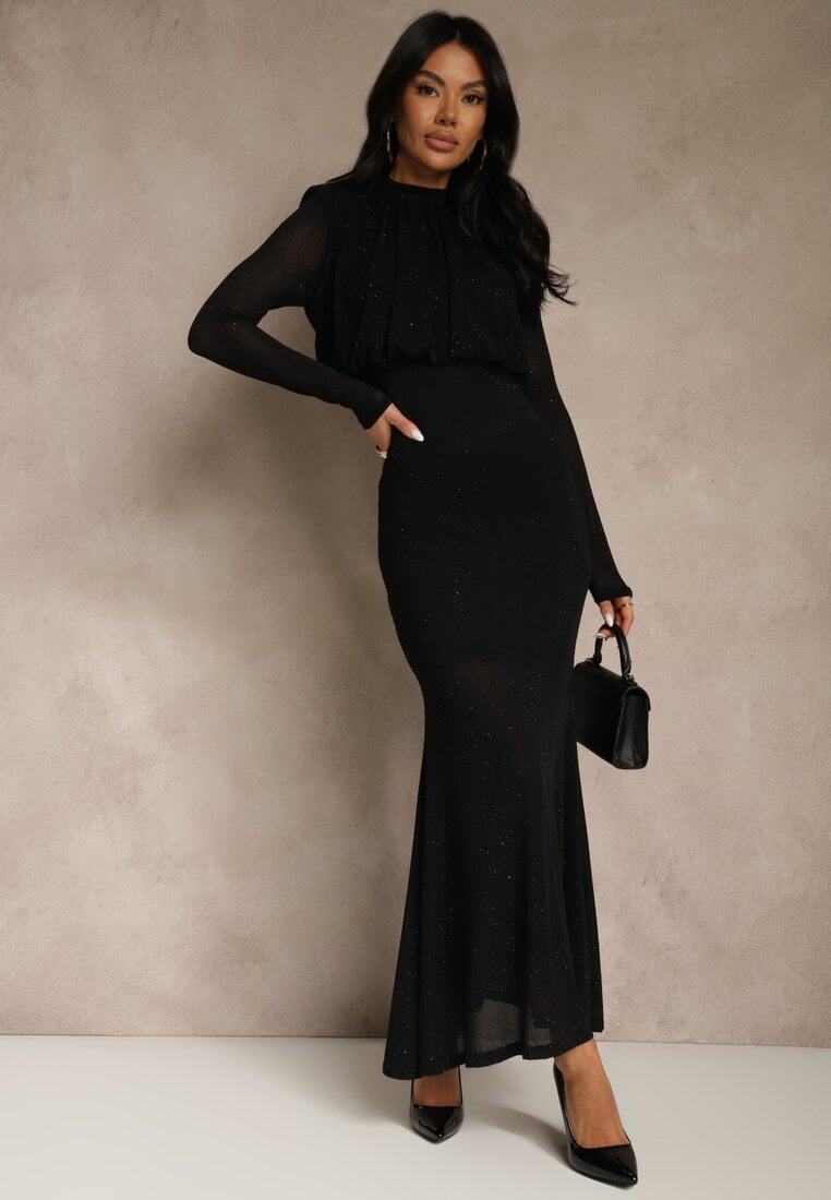 Czarna Cyrkoniowa Sukienka Longsleeve o Taliowanym Kroju z Bufiastą Górą Iwedesa