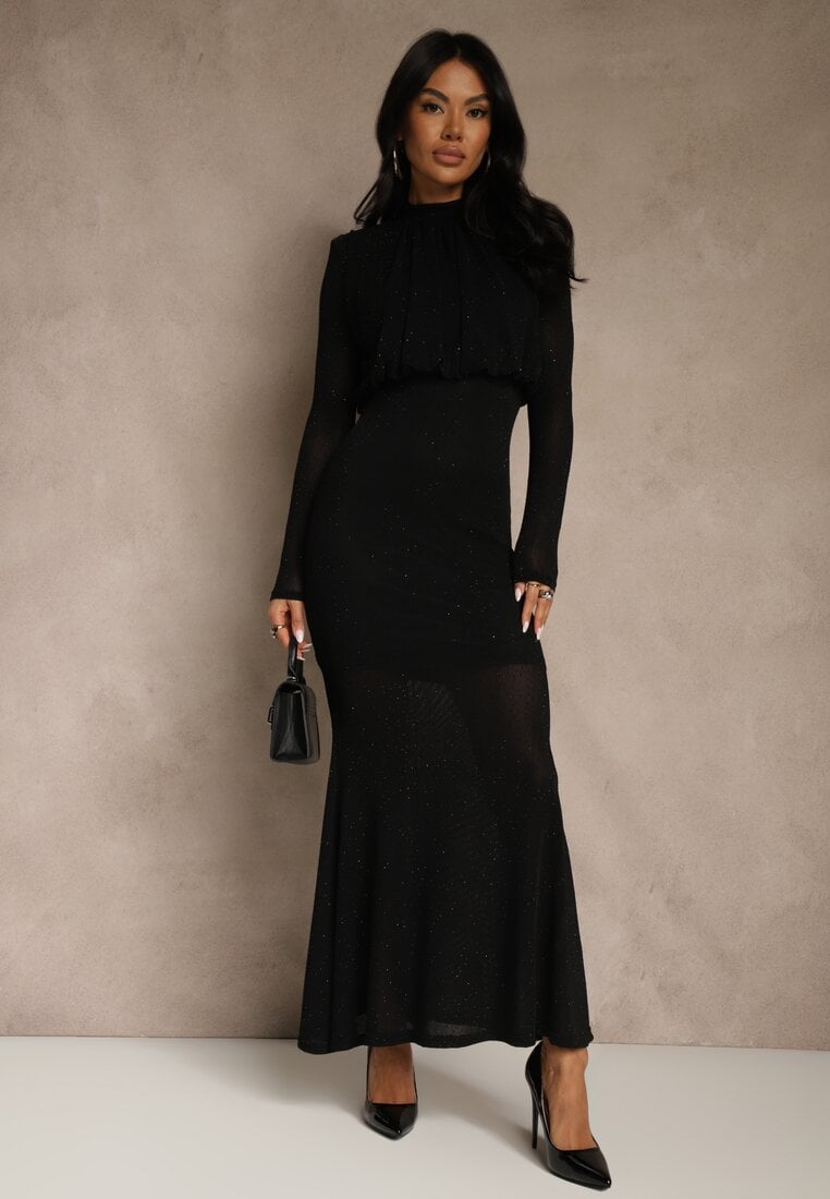 Czarna Cyrkoniowa Sukienka Longsleeve o Taliowanym Kroju z Bufiastą Górą Iwedesa