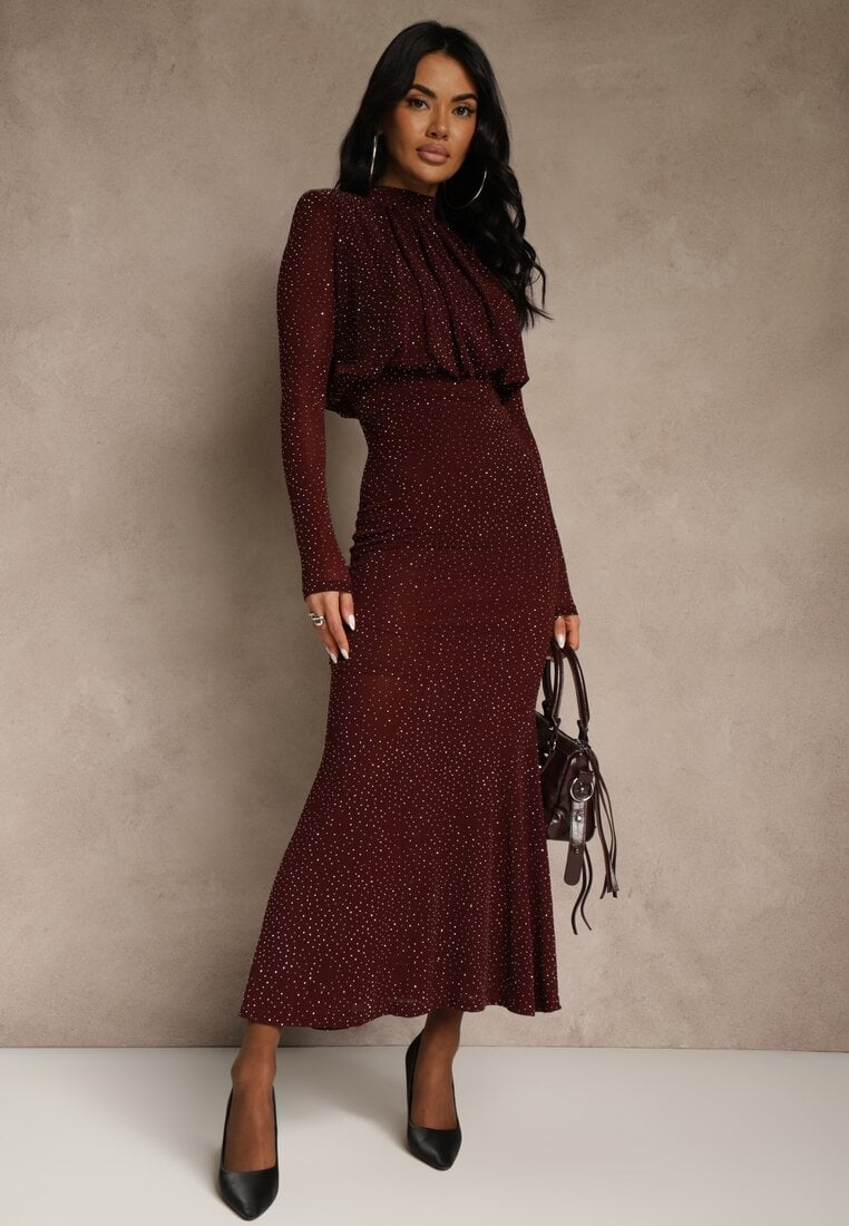 Bordowa Cyrkoniowa Sukienka o Taliowanym Kroju z Bufiastą Górą i Gumką w Pasie Iwedesa