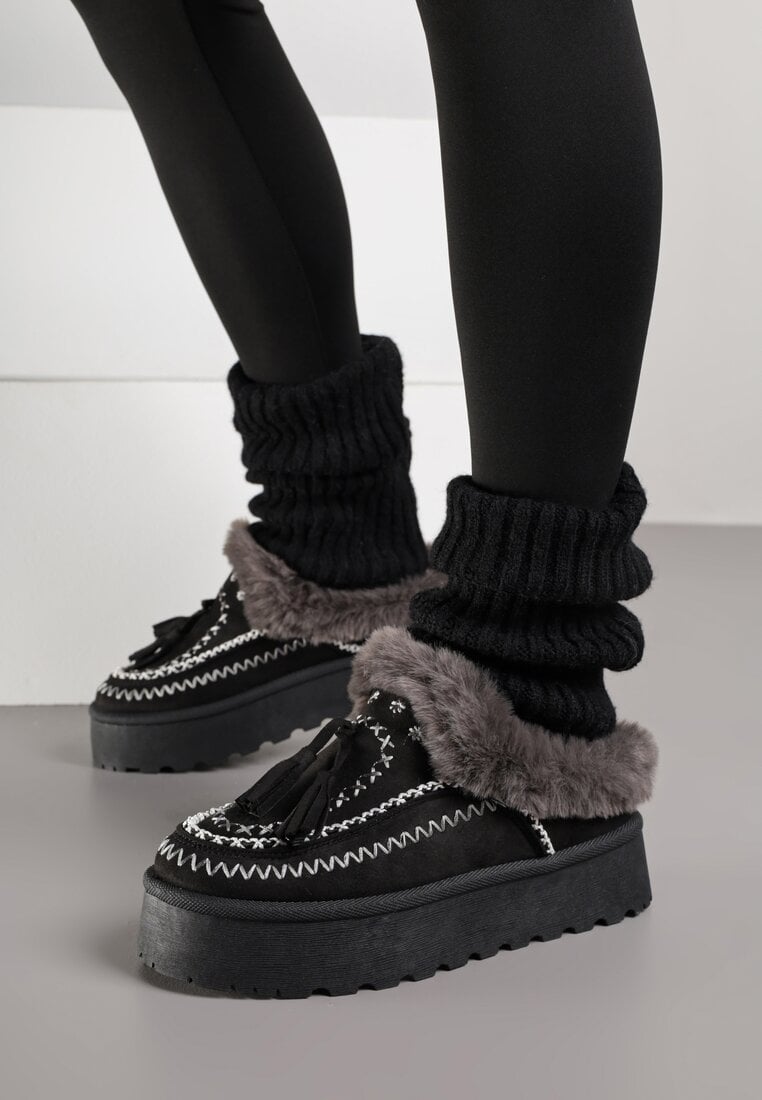 Czarne Śniegowce na Platformie Ozdobione Frędzlami i Haftem Ezivelle