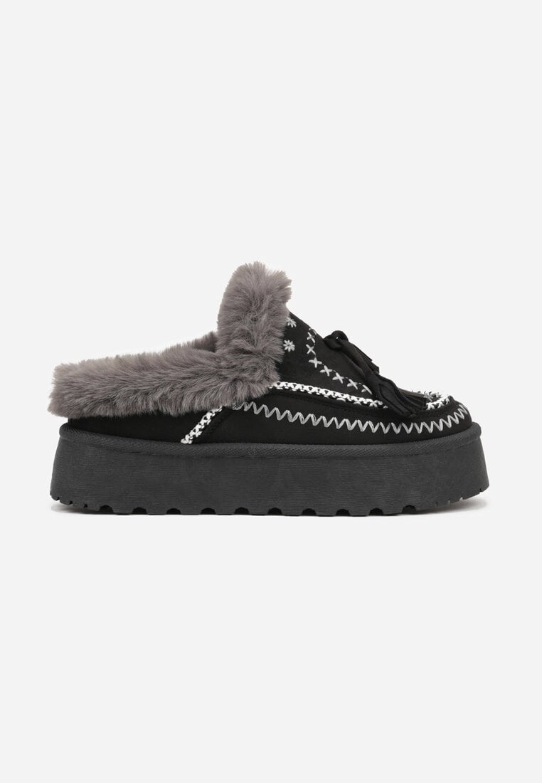 Czarne Śniegowce na Platformie Ozdobione Frędzlami i Haftem Ezivelle