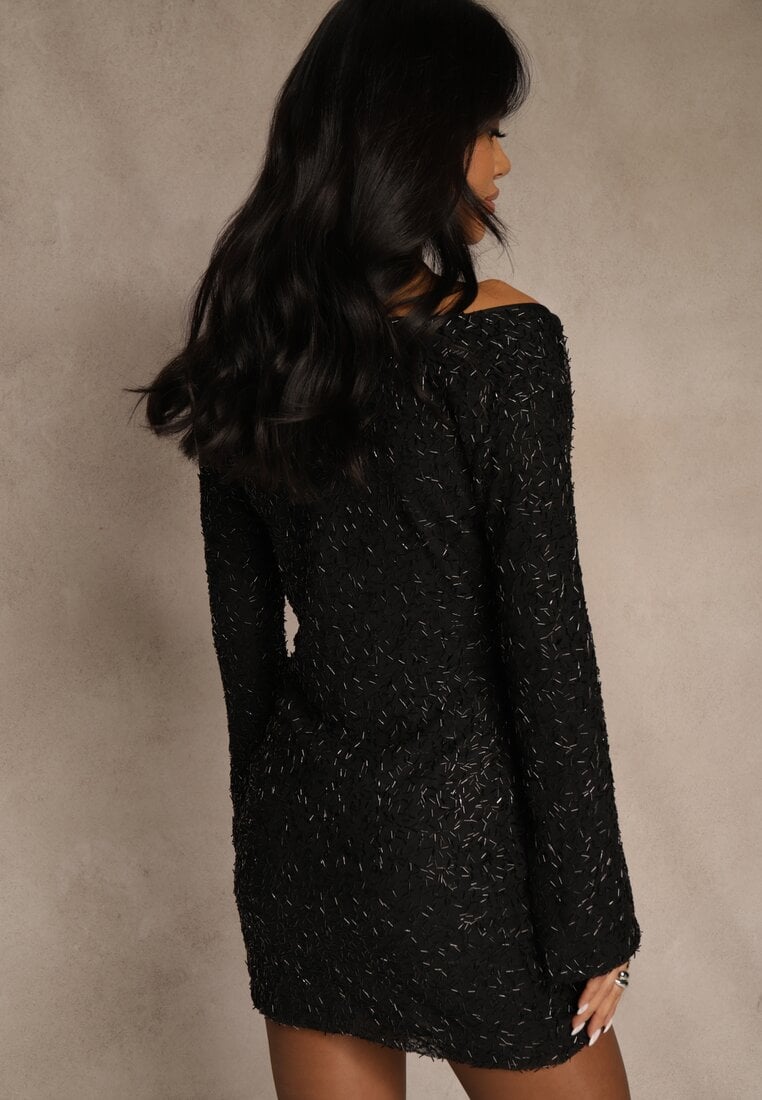 Czarna Dopasowana Sukienka Longsleeve z Fakturowanej Tkaniny Tiweda