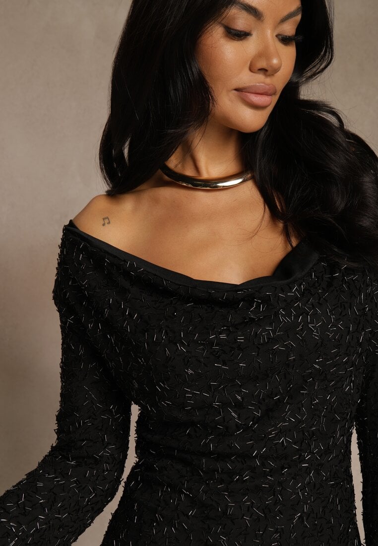 Czarna Dopasowana Sukienka Longsleeve z Fakturowanej Tkaniny Tiweda