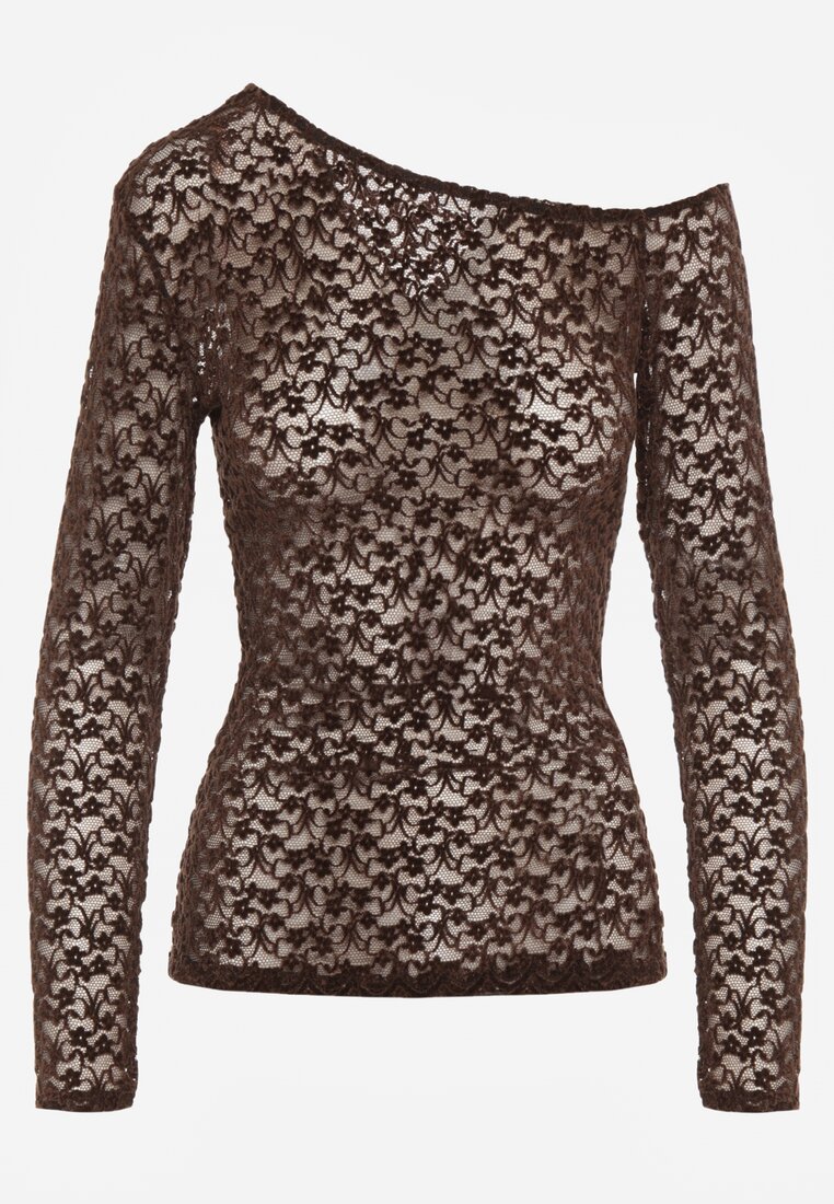 Brązowa Bluzka Longsleeve z Koronki z Asymetrycznym Dekoltem Liwedisa