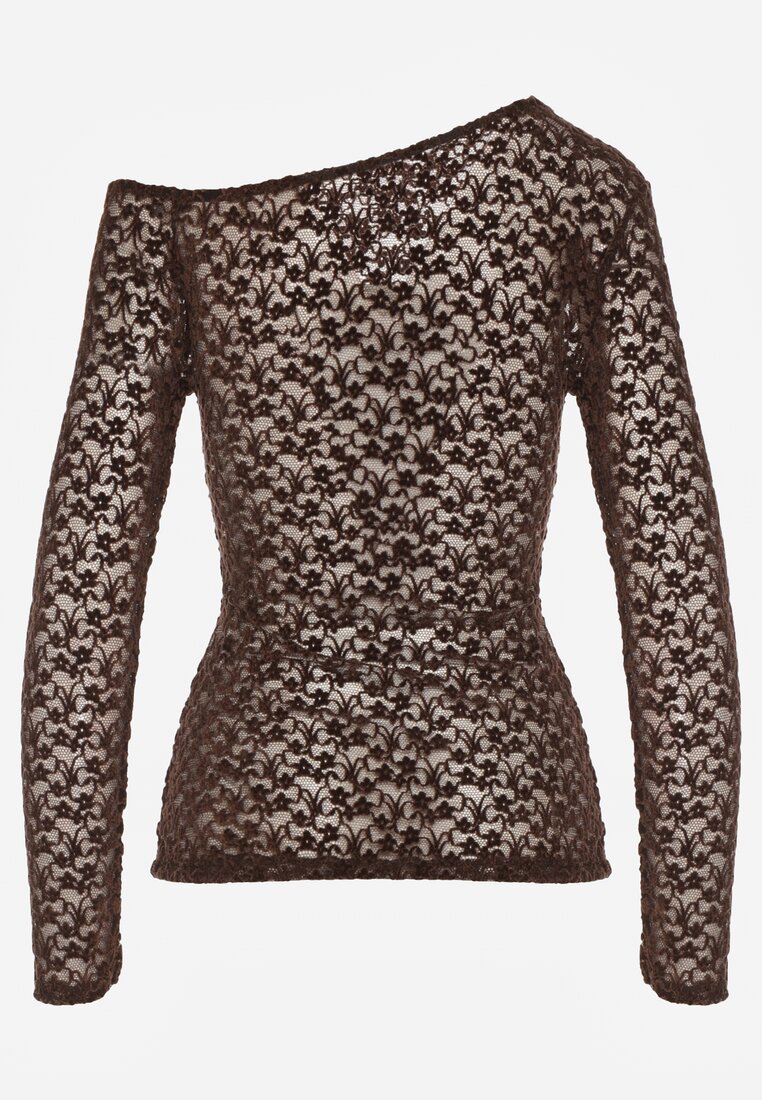 Brązowa Bluzka Longsleeve z Koronki z Asymetrycznym Dekoltem Liwedisa