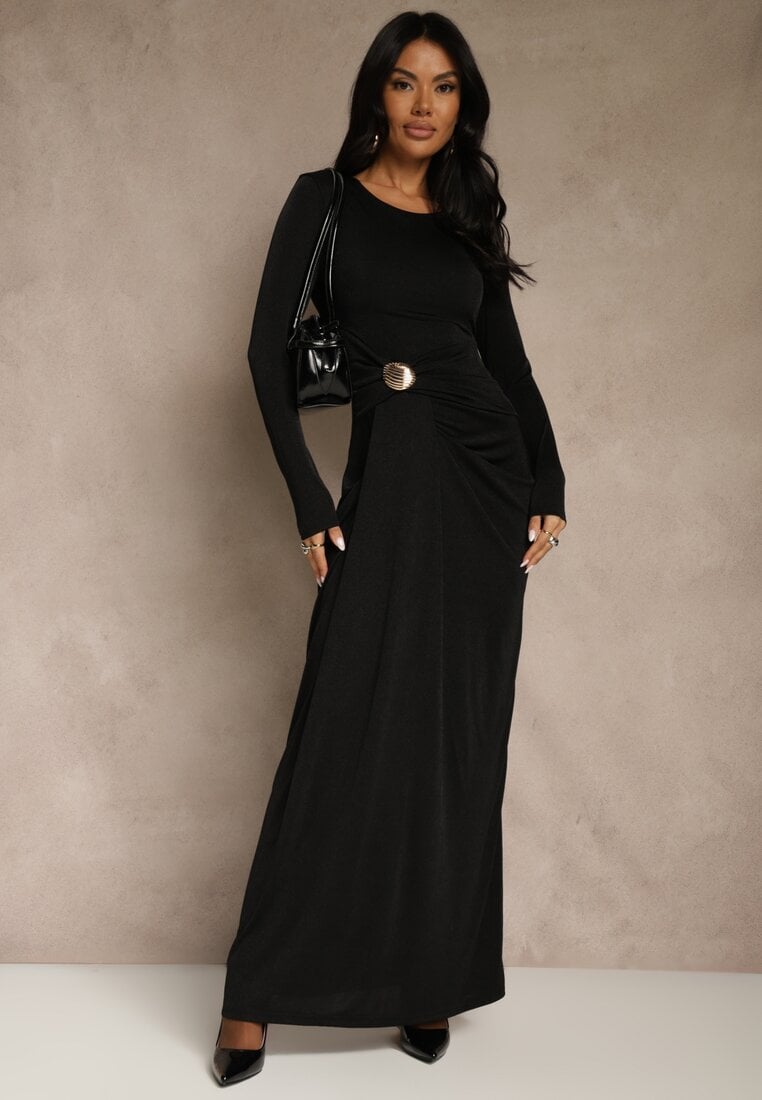 Czarna Marszczona Sukienka Longsleeve Zdobiona Aplikacją w Talii Siweda