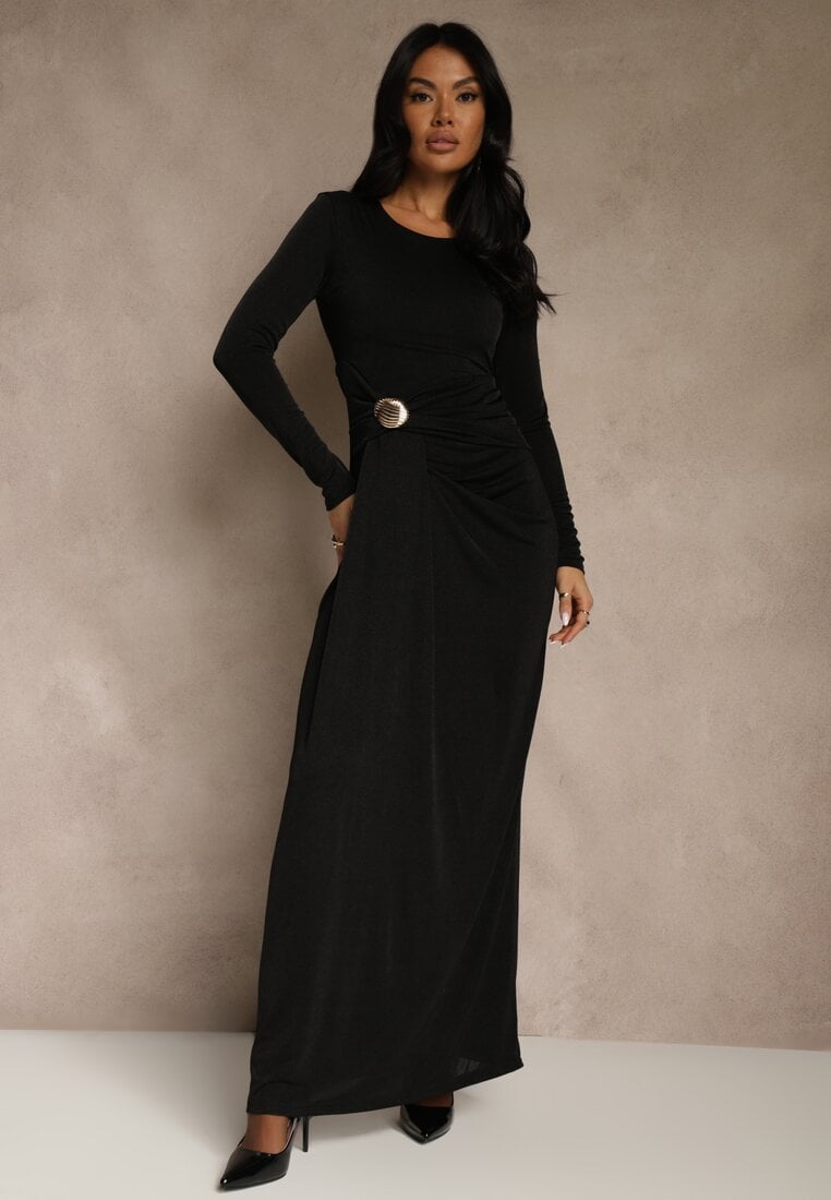 Czarna Marszczona Sukienka Longsleeve Zdobiona Aplikacją w Talii Siweda