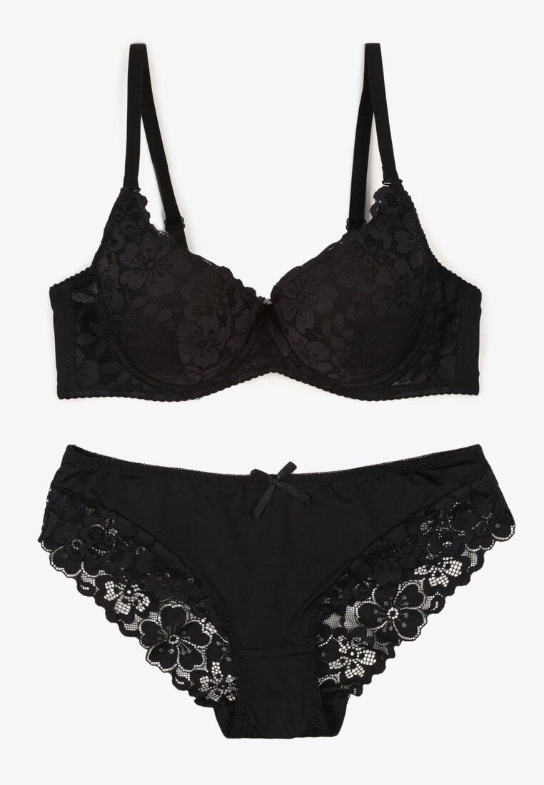 Czarny Koronkowy Komplet Majtki Figi i Biustonosz Eziselle