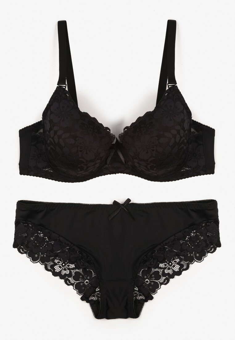 Czarny Koronkowy Komplet Biustonosz i Majtki Figi w Klasycznym Stylu Ezirene