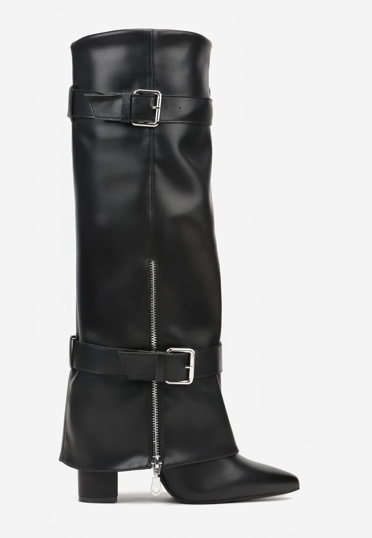 Czarne Kozaki na Słupku z Cholewką Imitującą Nogawkę ze Sprzączkami Unwedara