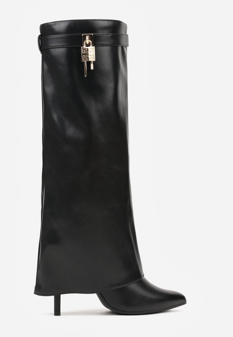 Czarne Kozaki na Szpilce z Wywiniętą Cholewką Zdobioną Aplikacją Kłódką Vetidore