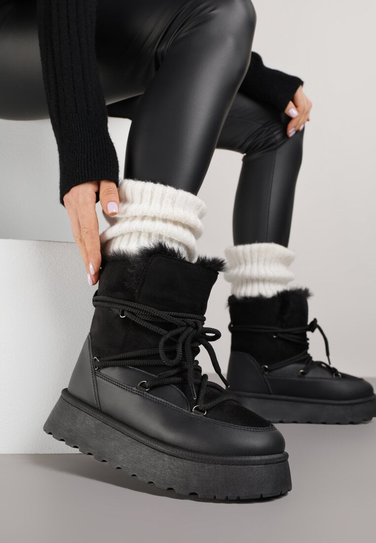 Czarne Śniegowce na Platformie Ozdobione Futerkiem Anwedea