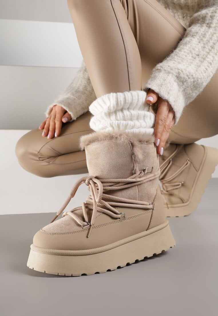 Ciemnobeżowe Śniegowce na Platformie Ozdobione Futerkiem Anwedea