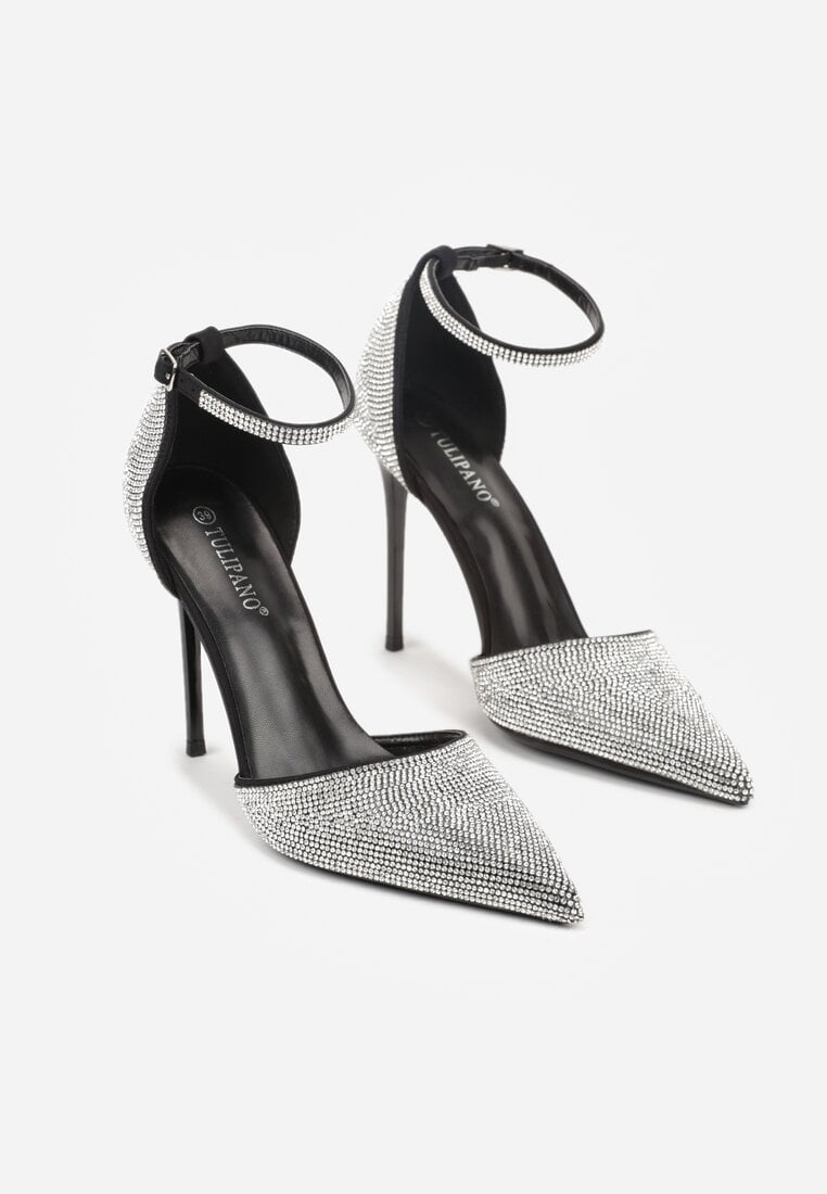 Czarne Szpilki Zdobione Cyrkoniami i Paskiem z Klamerką Eweda