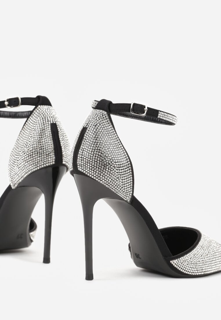 Czarne Szpilki Zdobione Cyrkoniami i Paskiem z Klamerką Eweda