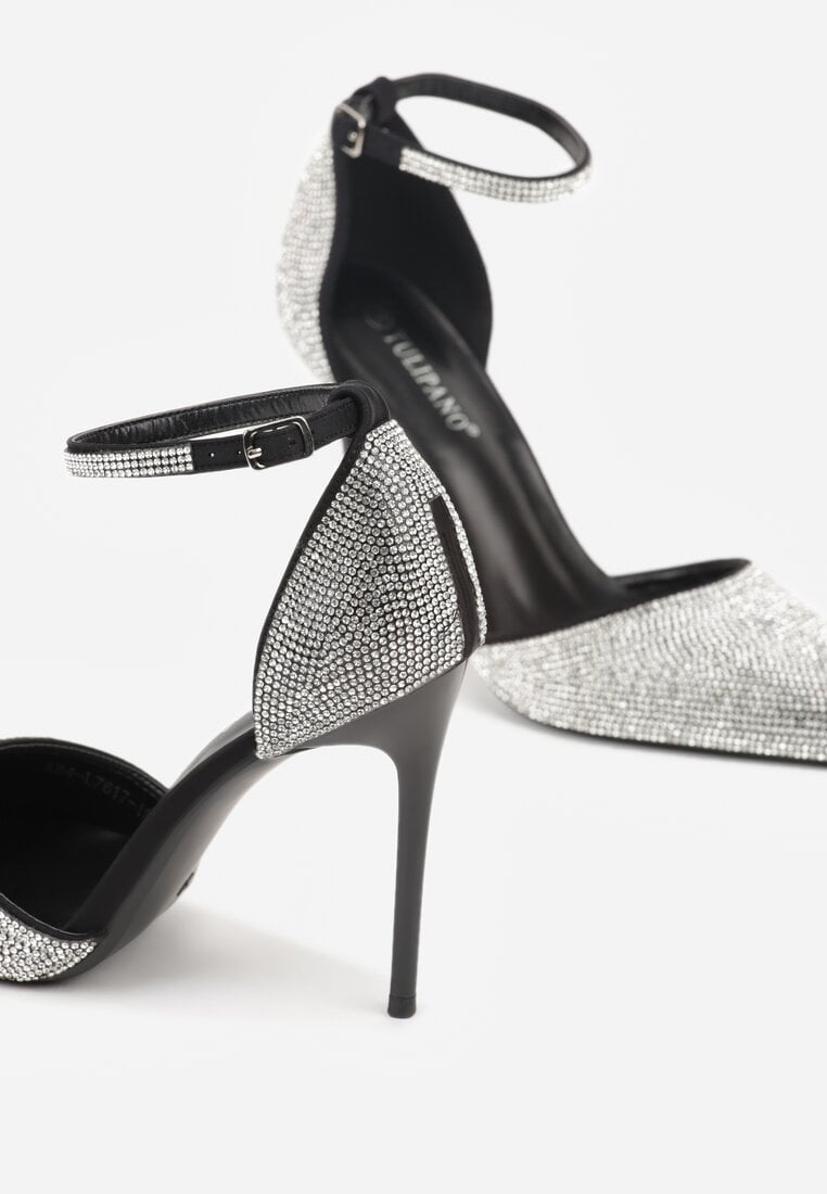 Czarne Szpilki Zdobione Cyrkoniami i Paskiem z Klamerką Eweda