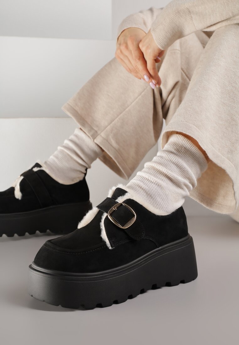 Czarne Śniegowce na Platformie z Paskiem ze Sprzączką i Futrem Unweda