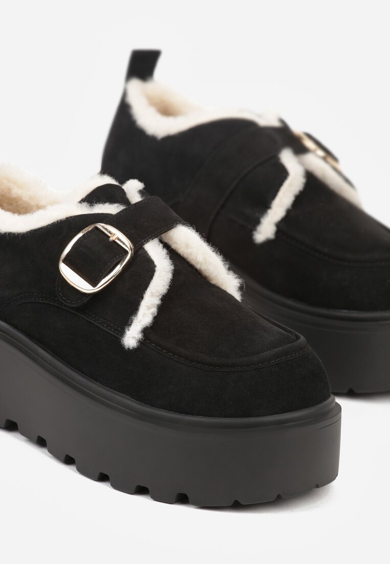 Czarne Śniegowce na Platformie z Paskiem ze Sprzączką i Futrem Unweda