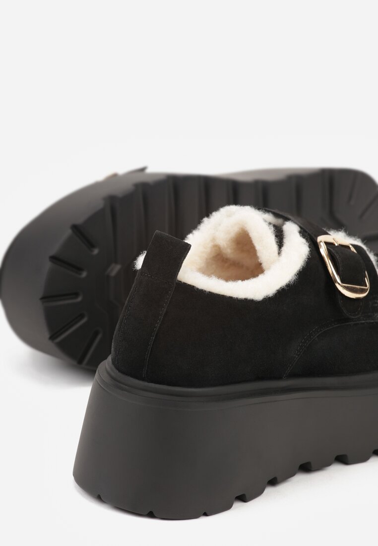Czarne Śniegowce na Platformie z Paskiem ze Sprzączką i Futrem Unweda