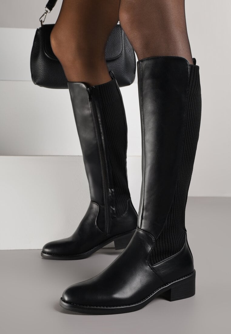 Czarne Casualowe Kozaki Typu Muszkieterki na Płaskiej Podeszwie Belissae