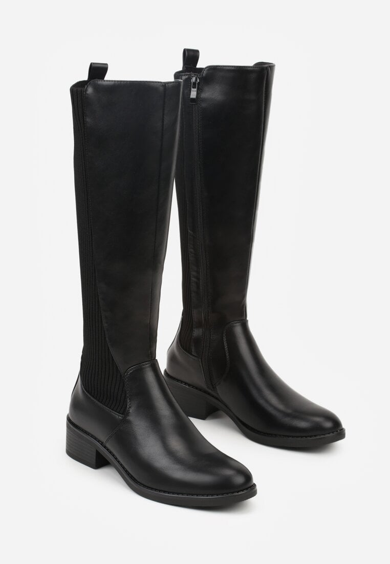 Czarne Casualowe Kozaki Typu Muszkieterki na Płaskiej Podeszwie Belissae