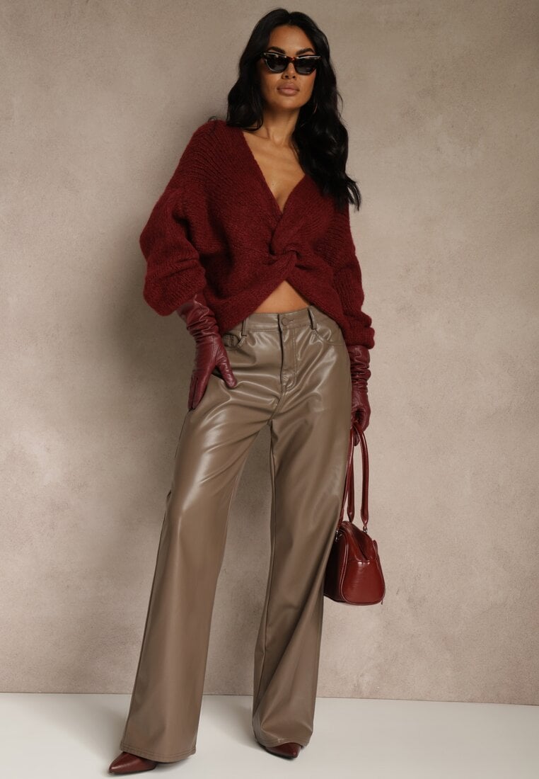 Bordowy Oversizowy Sweter z Dodatkiem Wełny Zdobiony Węzłem Lawedana