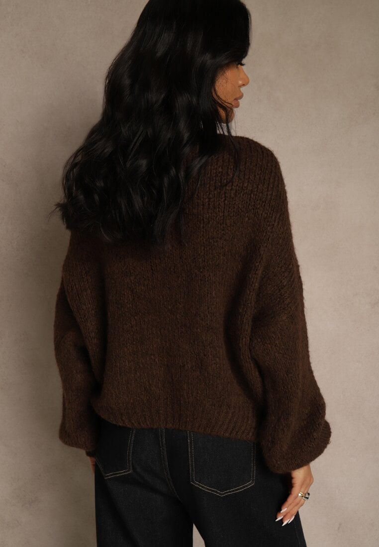 Brązowy Oversizowy Sweter z Dodatkiem Wełny Zdobiony Węzłem Lawedana