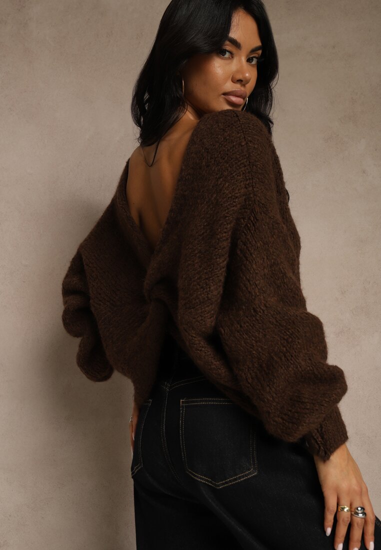 Brązowy Oversizowy Sweter z Dodatkiem Wełny Zdobiony Węzłem Lawedana