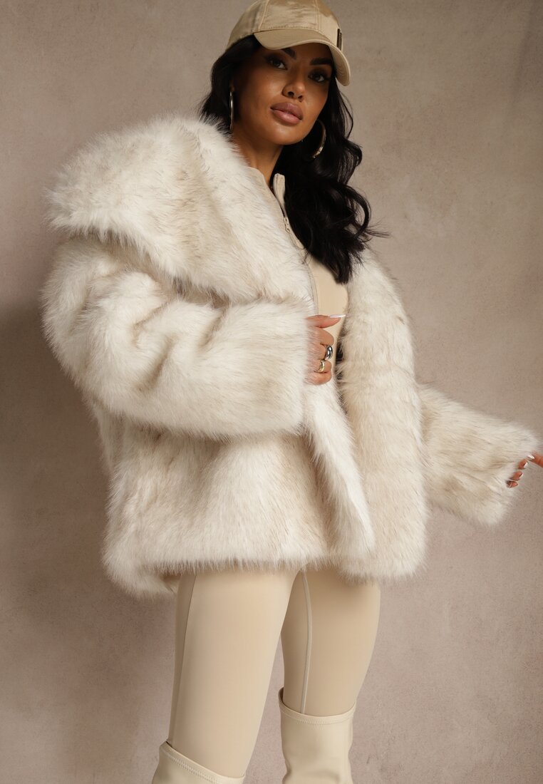 Biała Dwurzędowa Kurtka Futerko Oversize Nenalla