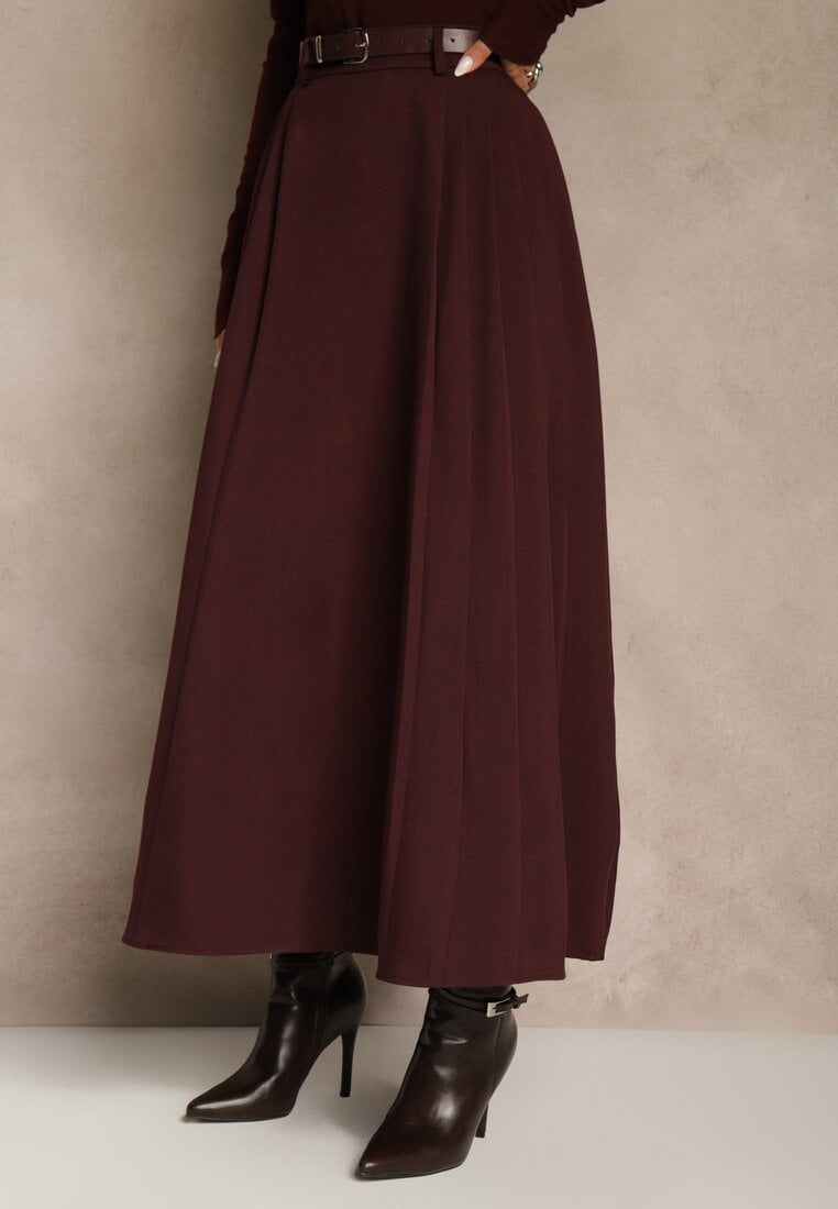 Bordowa Rozkloszowana Spódnica z Wiskozy z Dodatkowym Paskiem z Klamrą Lowedina