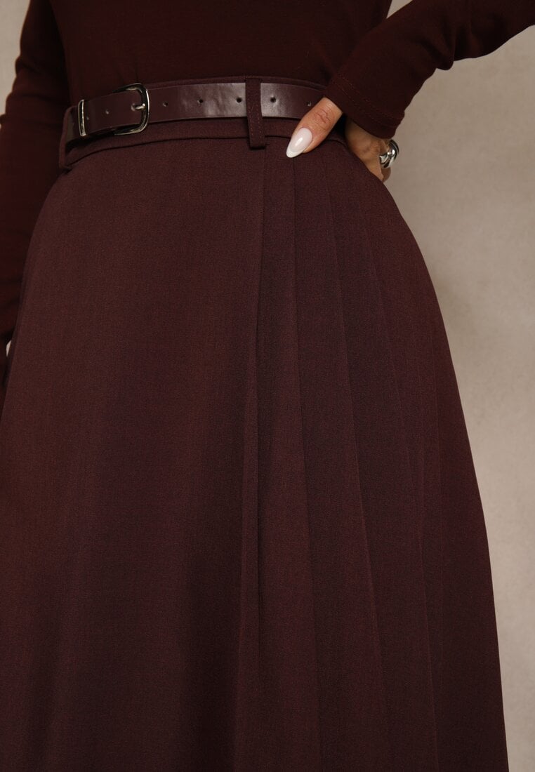 Bordowa Rozkloszowana Spódnica z Wiskozy z Dodatkowym Paskiem z Klamrą Lowedina