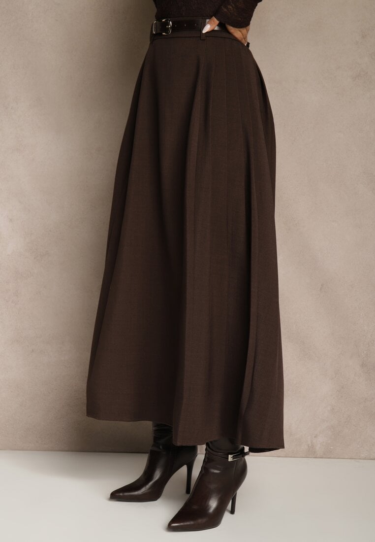 Brązowa Rozkloszowana Spódnica z Wiskozy z Dodatkowym Paskiem z Klamrą Lowedina
