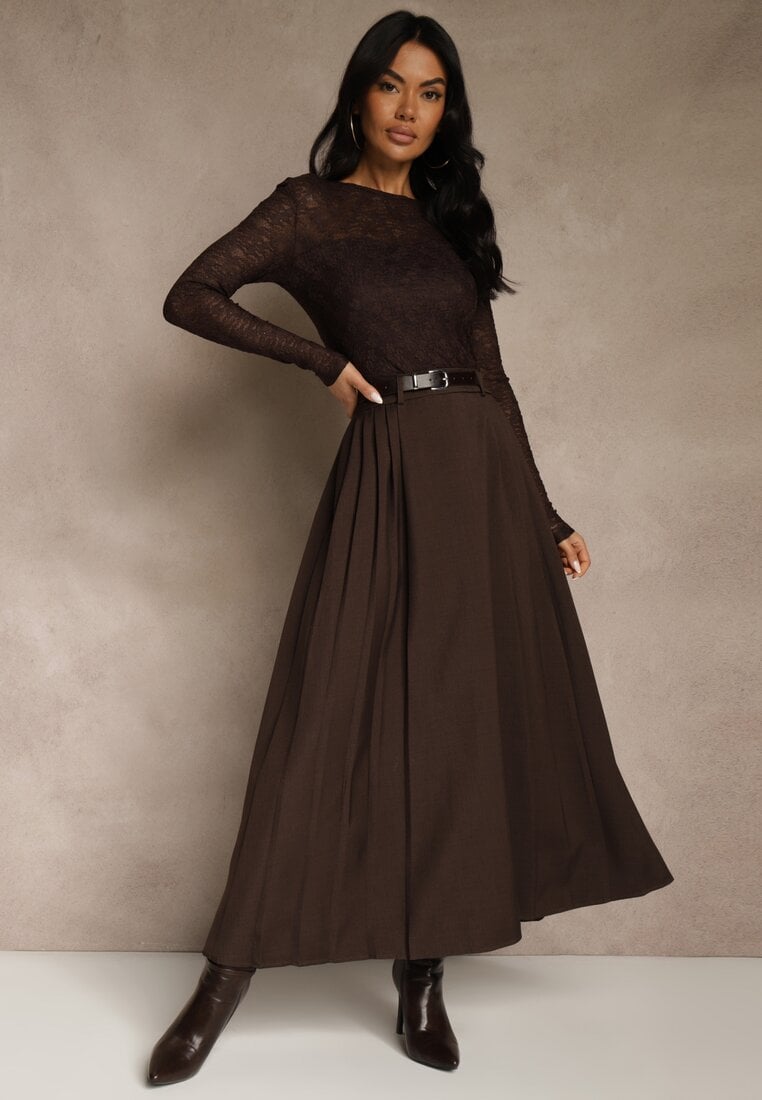 Brązowa Rozkloszowana Spódnica z Wiskozy z Dodatkowym Paskiem z Klamrą Lowedina