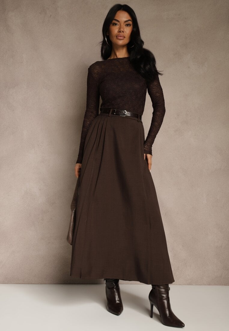 Brązowa Rozkloszowana Spódnica z Wiskozy z Dodatkowym Paskiem z Klamrą Lowedina