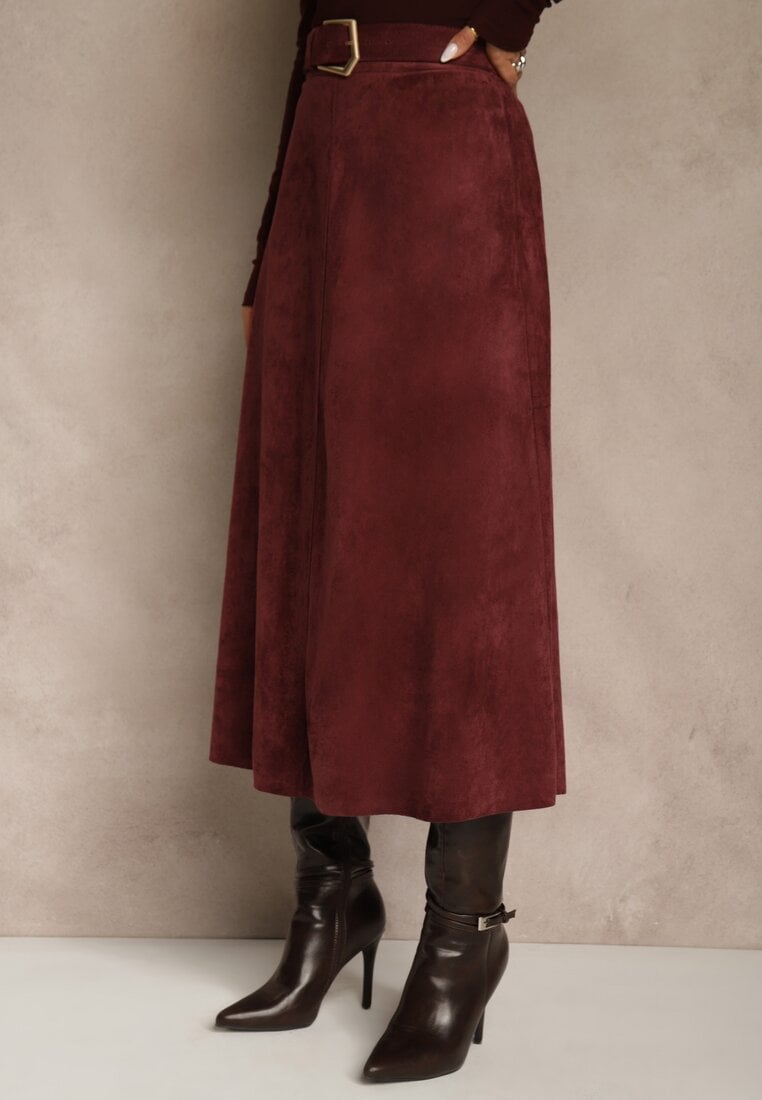 Bordowa Spódnica z Wiskozy z Bawełną z Imitacji Zamszu z Paskiem Oliweda
