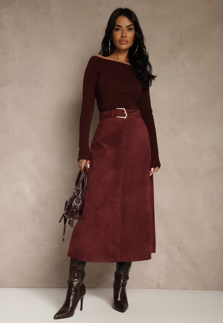Bordowa Spódnica z Wiskozy z Bawełną z Imitacji Zamszu z Paskiem Oliweda