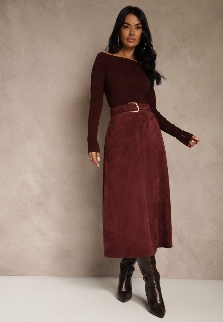 Bordowa Spódnica z Wiskozy z Bawełną z Imitacji Zamszu z Paskiem Oliweda