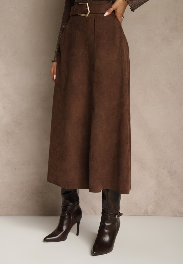 Brązowa Spódnica z Wiskozy z Bawełną z Imitacji Zamszu z Paskiem Oliweda