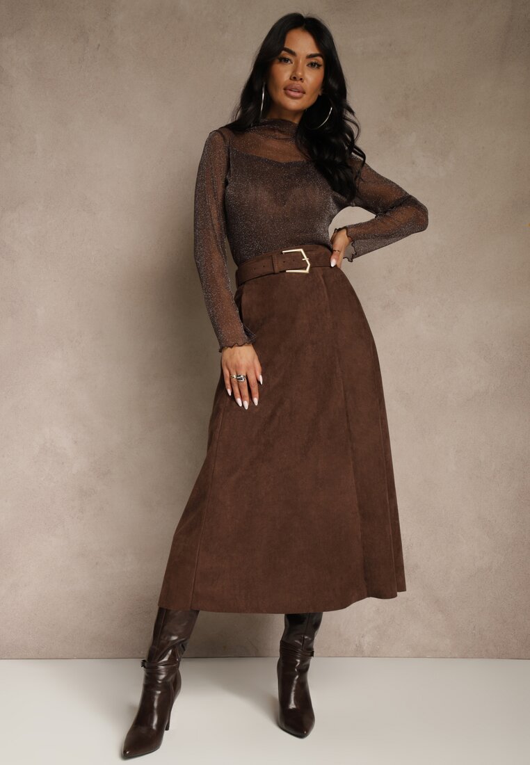 Brązowa Spódnica z Wiskozy z Bawełną z Imitacji Zamszu z Paskiem Oliweda
