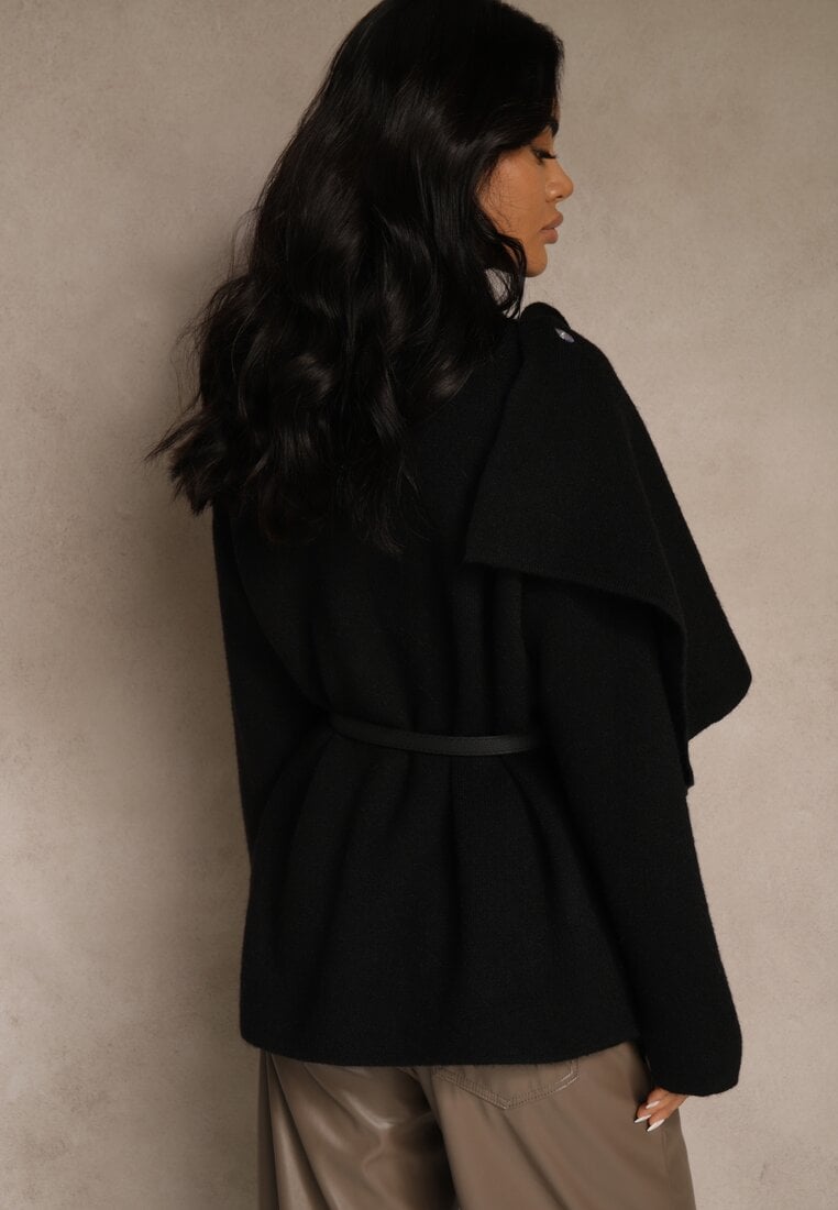 Czarny Elegancki Kardigan z Wiskozy z Paskiem i Narzutką Roweda