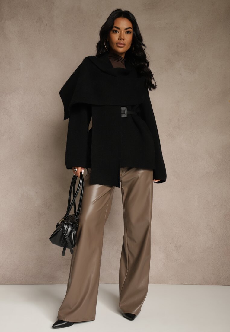 Czarny Elegancki Kardigan z Wiskozy z Paskiem i Narzutką Roweda