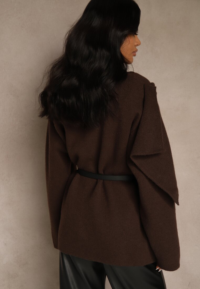 Brązowy Elegancki Kardigan z Wiskozy z Paskiem i Narzutką Roweda