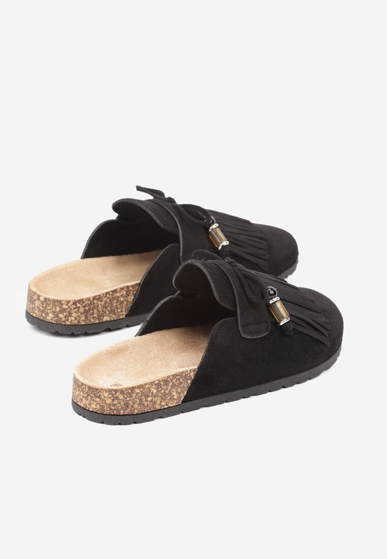 Czarne Boho Klapki Mule z Imitacji Zamszu z Frędzlami i Koralikami Elwedila