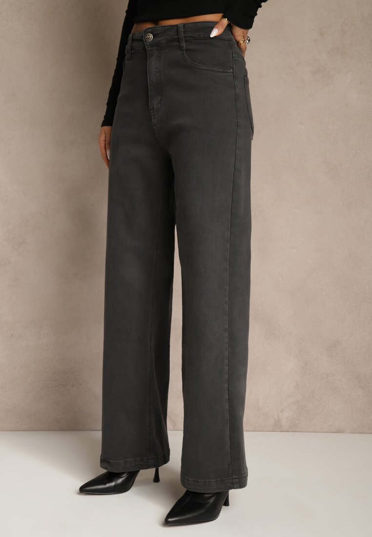 Ciemnoszare Jeansy High Waist z Szerokimi Nogawkami Vetimira